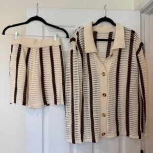 Crochet Open Knit Brown White 2 Piece Matching Set Size Medium NWOT